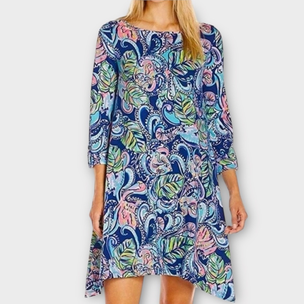 🌴Lilly Pulitzer Hanging with Fronds Pima Cotton Shift Dress Navy Pink Green XXS